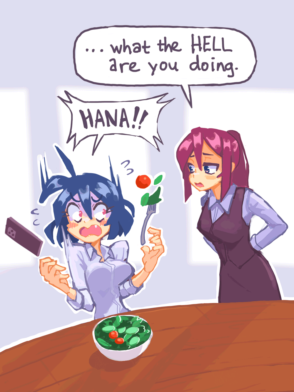 2girls, ahoge, blue_hair, bowl, breasts, cellphone, collared_shirt, english_text