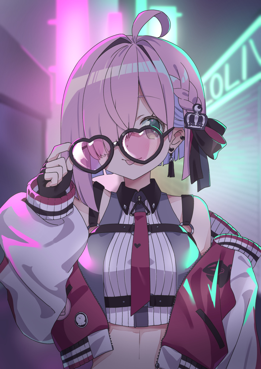 1girl, absurdres, ahoge, braid, breast_strap, breasts, collared_shirt, colored_inner_hair, crop_top, cropped_vest, diagonal_bangs, earrings, fingerless_gloves, glasses, gloves, green_eyes, hair_over_one_eye, hair_ribbon, heart, heart-shaped_eyewear, highres, himemori_luna, himemori_luna_(5th_costume), hololive, jacket, jewelry, letterman_jacket, looking_at_viewer, medium_breasts, midriff, multicolored_hair, necktie, off-shoulder_jacket, off_shoulder, official_alternate_costume, official_alternate_hair_length, official_alternate_hairstyle, open_clothes, open_jacket, ornament, pink-tinted_eyewear, pink_hair, pink_necktie, red_jacket, ribbon, shirt, short_hair, single_earring, smile, solo, sunglasses, tinted_eyewear, tongue, tongue_out, upper_body, vest, virtual_youtuber, yoizuki_shion