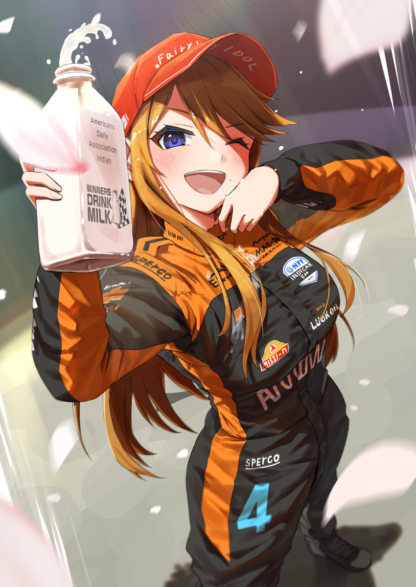 1girl, ;d, absurdres, black_jumpsuit, blue_eyes, bottle, brand_name_imitation, breasts