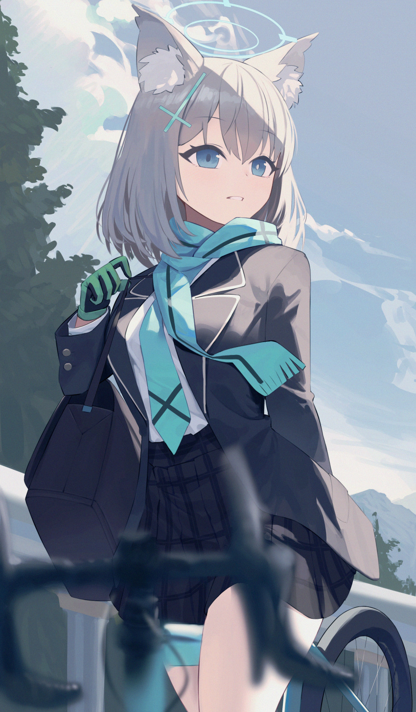 1girl, akipopopopoon, animal_ears, bicycle, blue_archive, blue_eyes, cloudy_sky, grey_hair, shiroko_(blue_archive), smile, solo