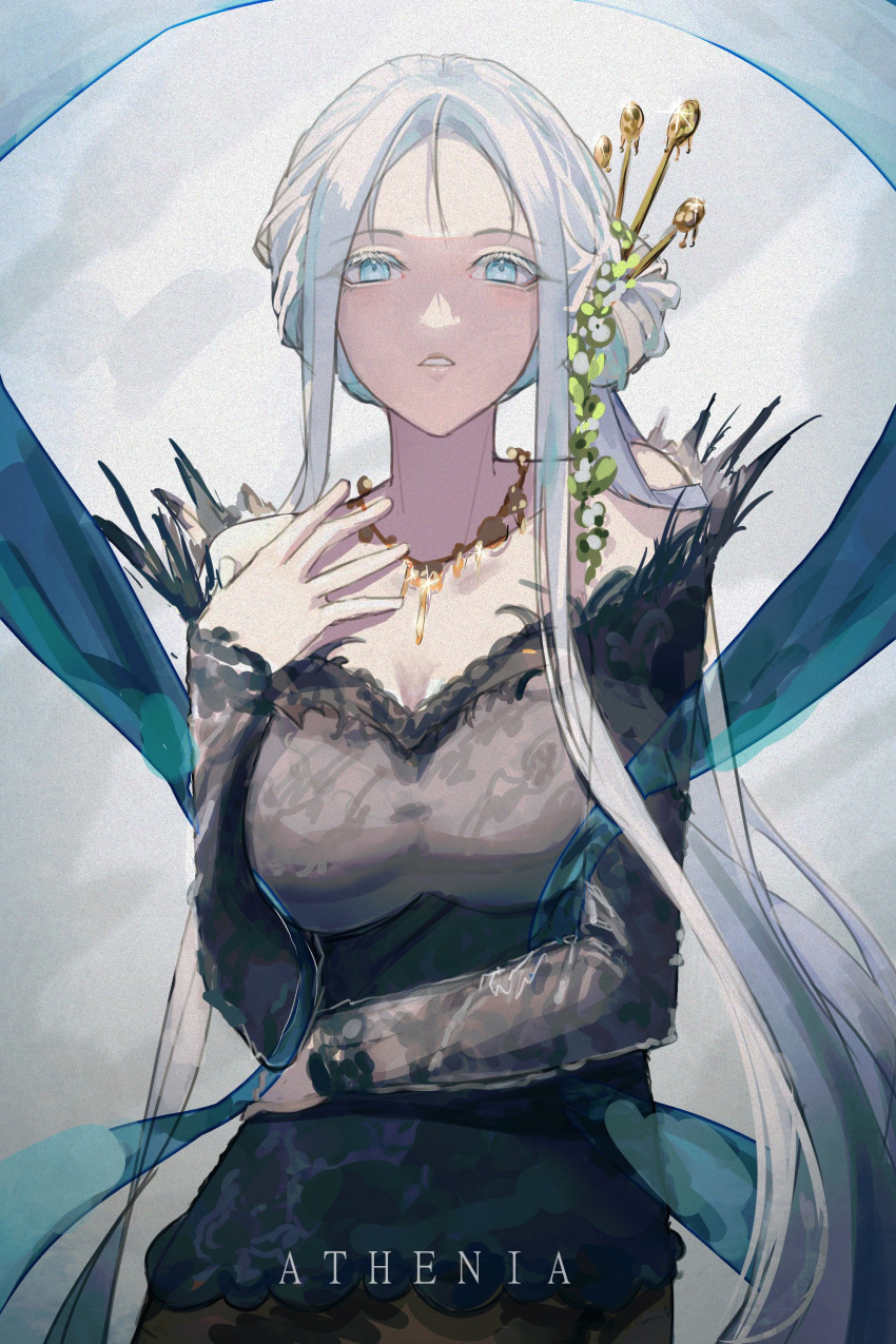 1girl, absurdres, bare_shoulders, blue_eyes, blue_hair, breasts, calico0111, hagoromo