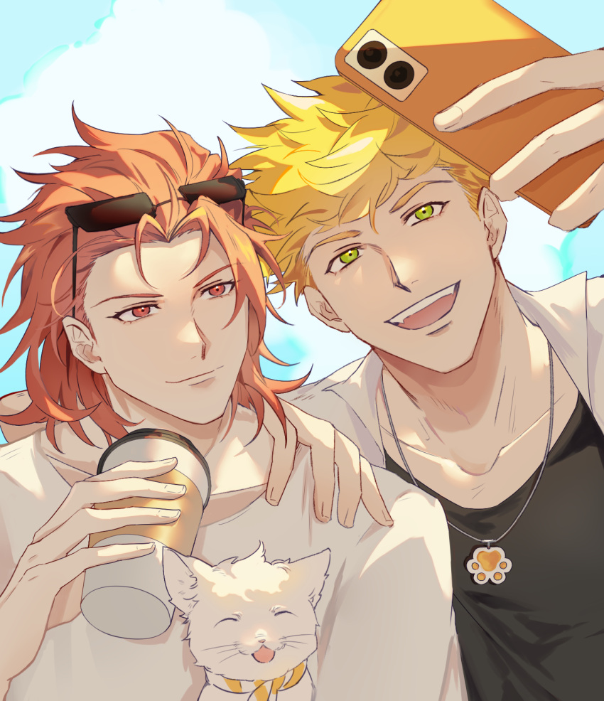 2boys, animal, black_tank_top, blonde_hair, cat, closed_mouth, clouds, coffee_cup