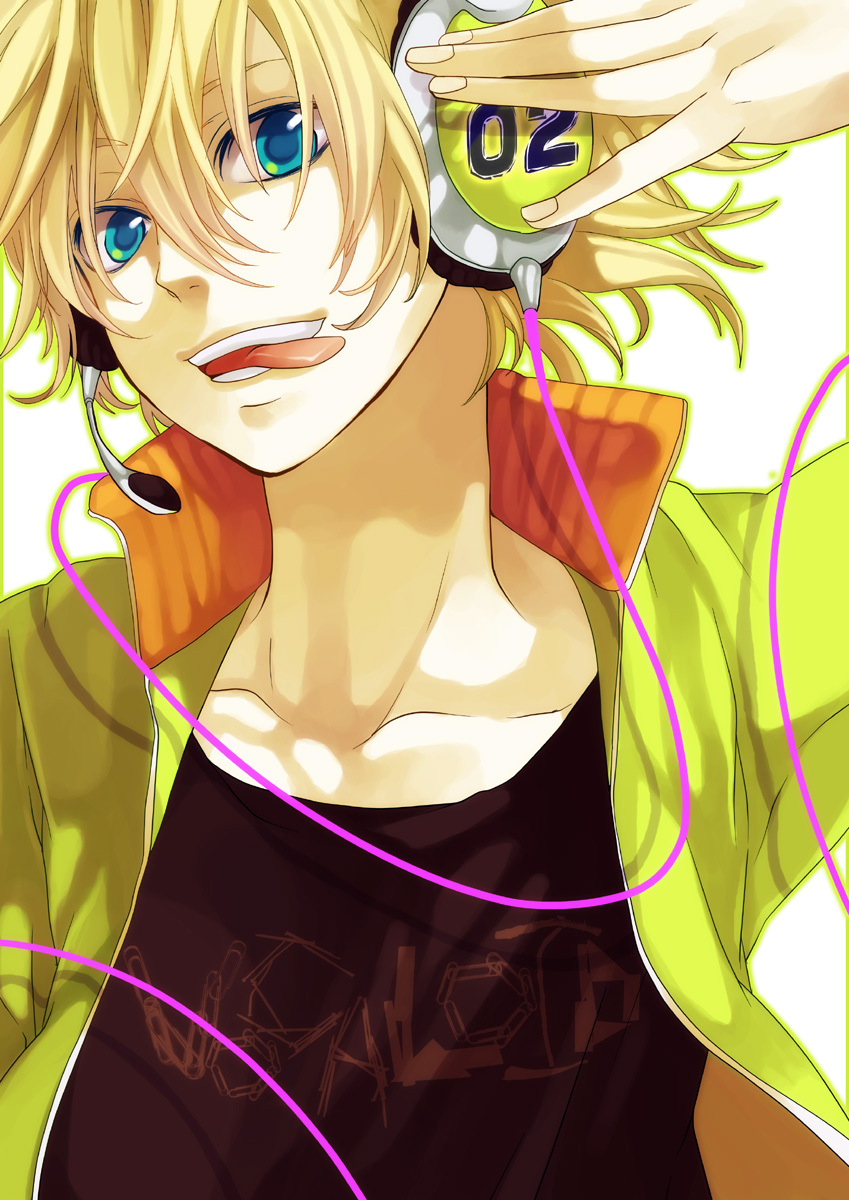 :p, aqua_eyes, blonde_hair, headphones, highres, kagamine_len, male, short_hair, smile, solo, tongue, vocaloid, yamako, yamako_(artist)