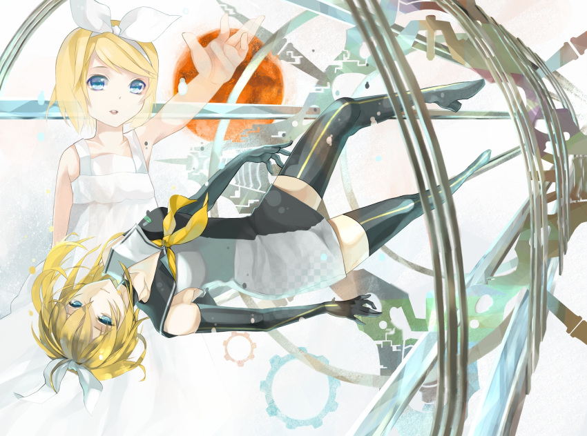 dress, dual_persona, elbow_gloves, gloves, hair_ribbon, highres, kagamine_rin, kagamine_rin_(roshin_yuukai)