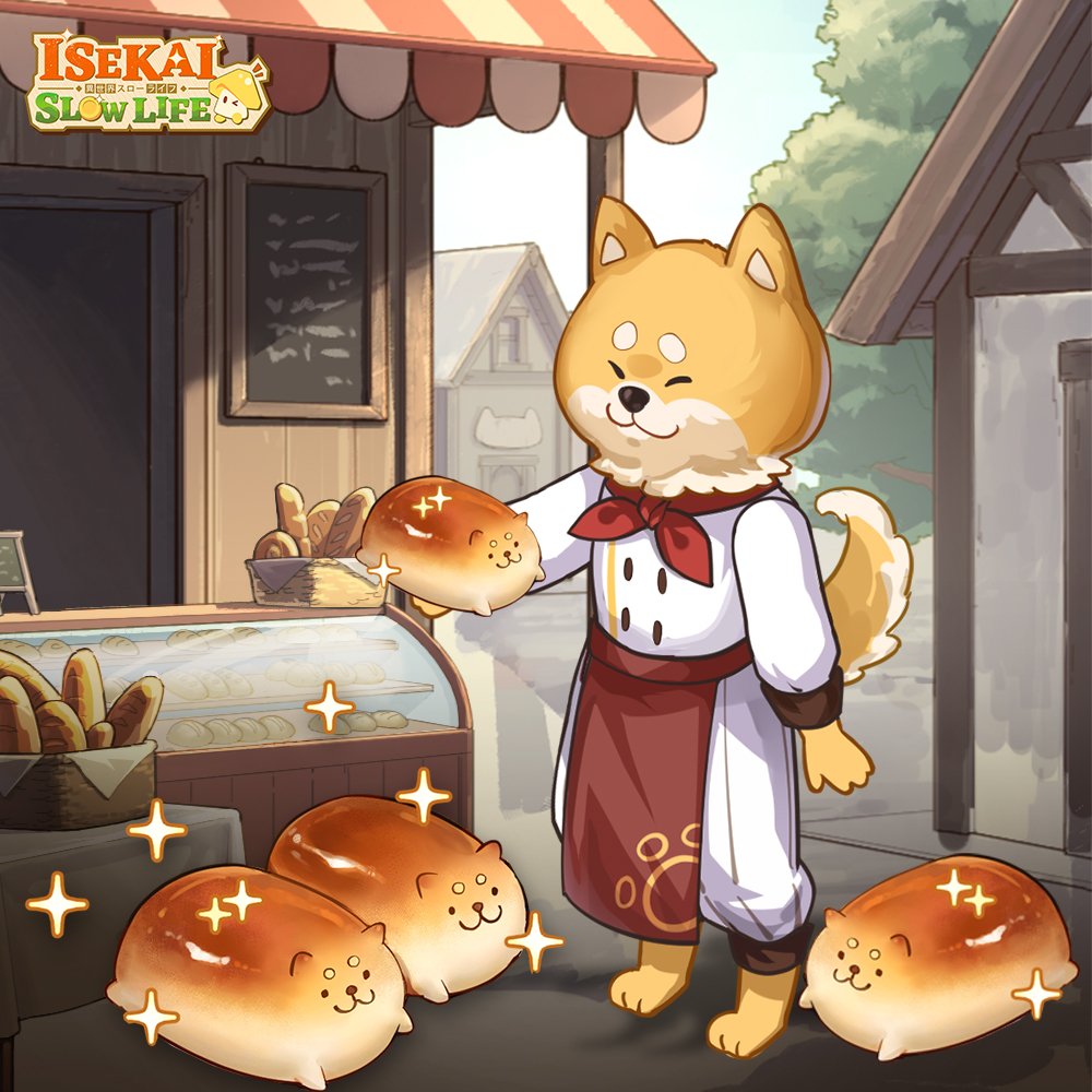 1boy, :3, animal_bread, animal_ears, animal_nose, apron, arm_up, artist_request