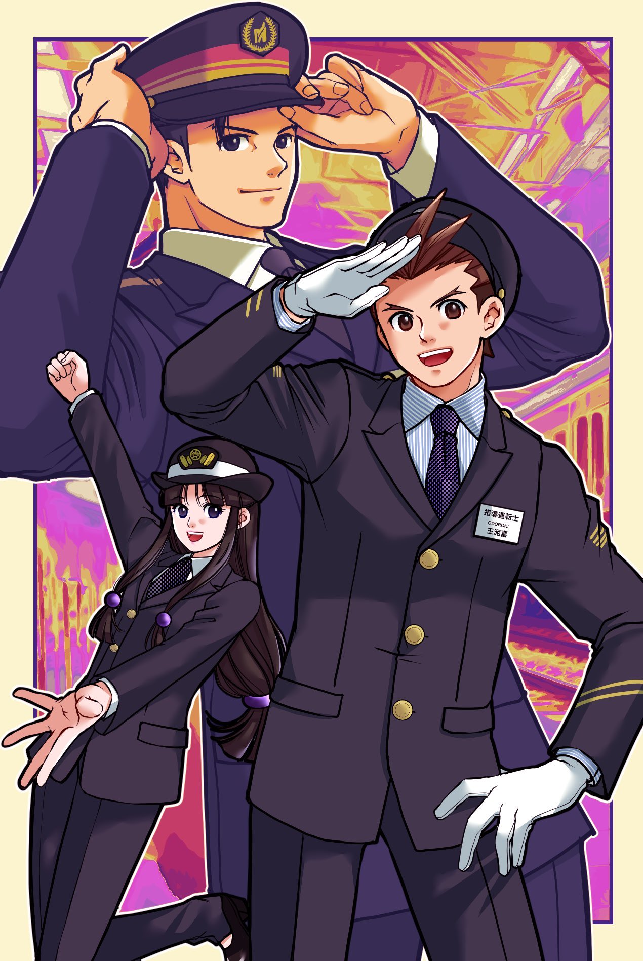 1girl, 2boys, :d, abstract_background, ace_attorney, adjusting_clothes, adjusting_headwear, antenna_hair