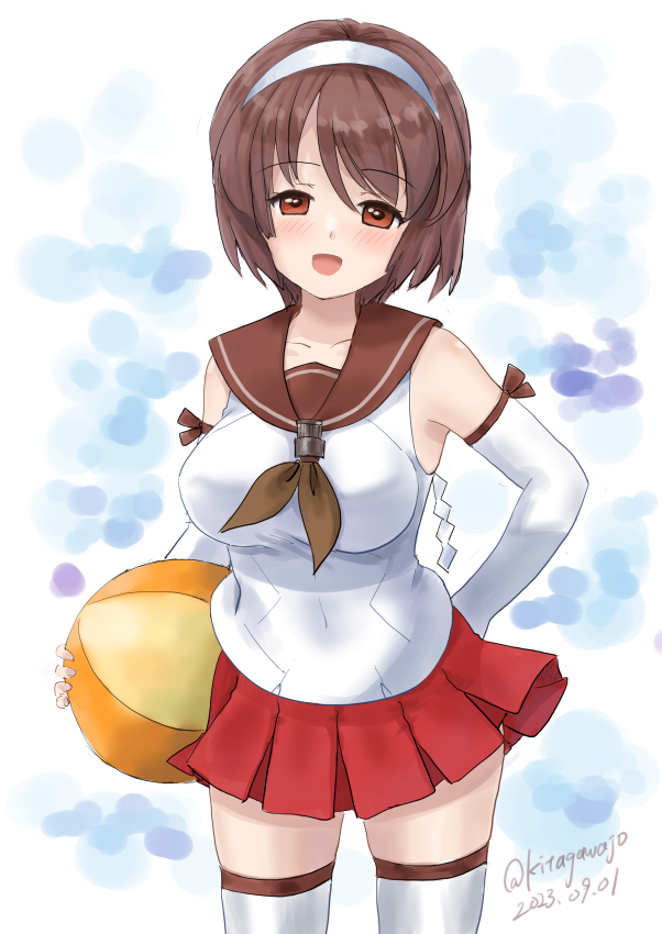 1girl, ball, beachball, blue_background, blush, breasts, brown_eyes, brown_hair