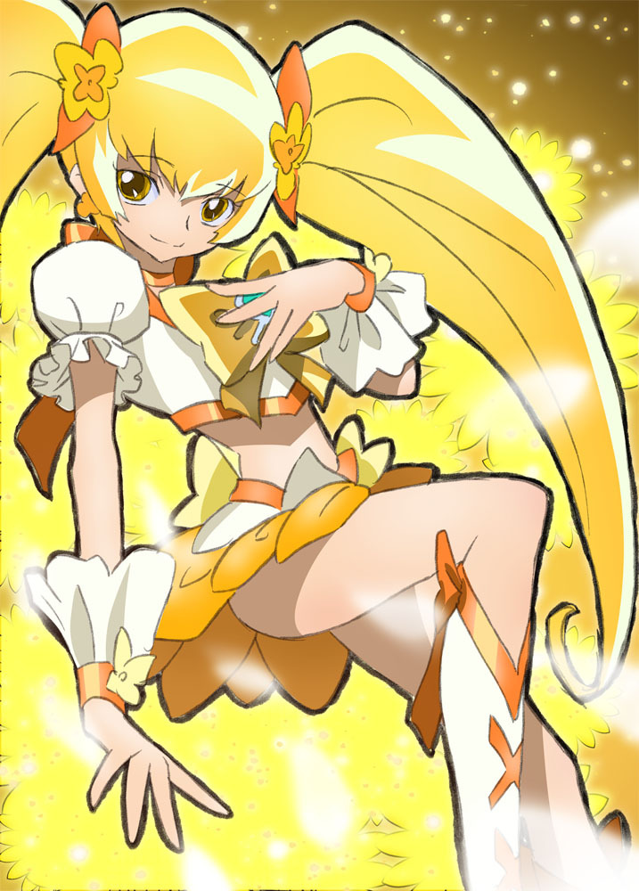 artist_request, blonde_hair, boots, choker, cure_sunshine, futari_wa_precure, hair_ribbon, happy