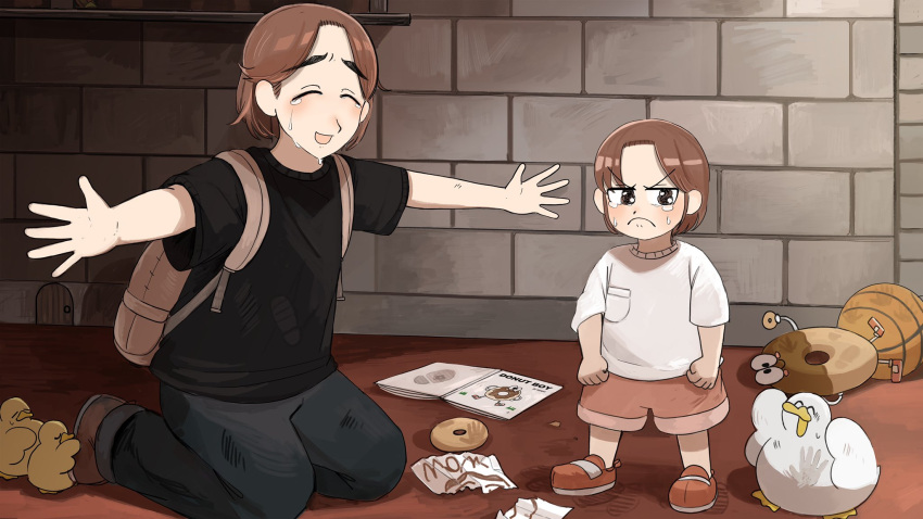 2girls, aged_down, backpack, bag, bird, black_shirt, blue_pants, book
