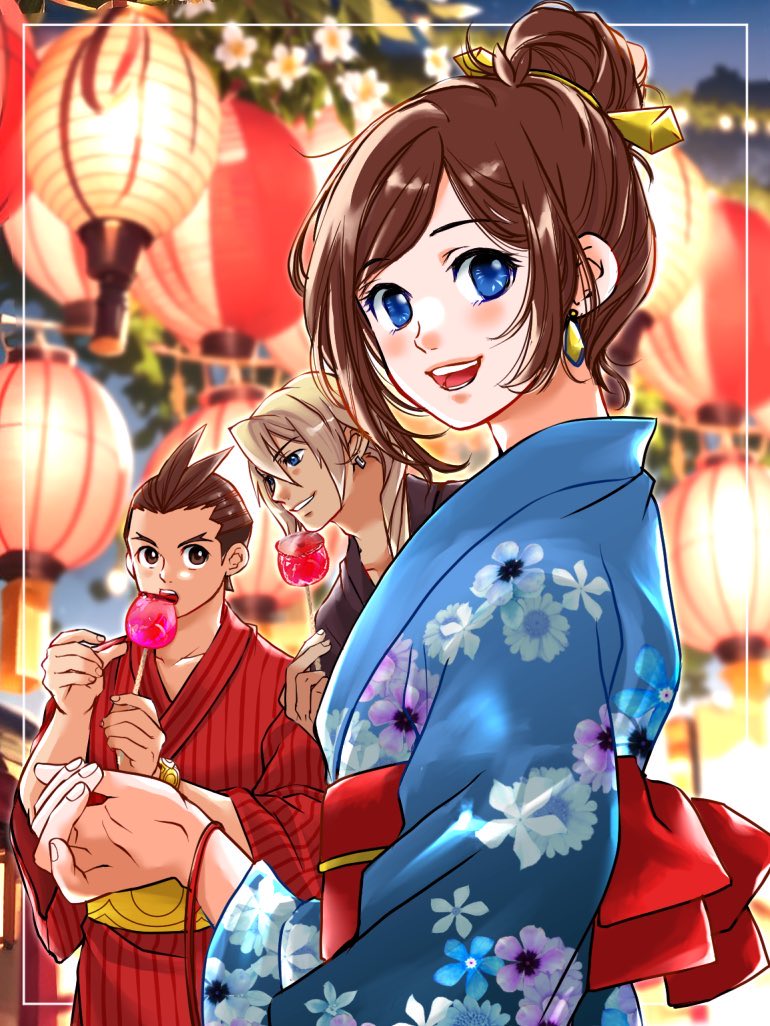 1girl, 2boys, :d, ace_attorney, antenna_hair, apollo_justice, asymmetrical_sidelocks, black_kimono