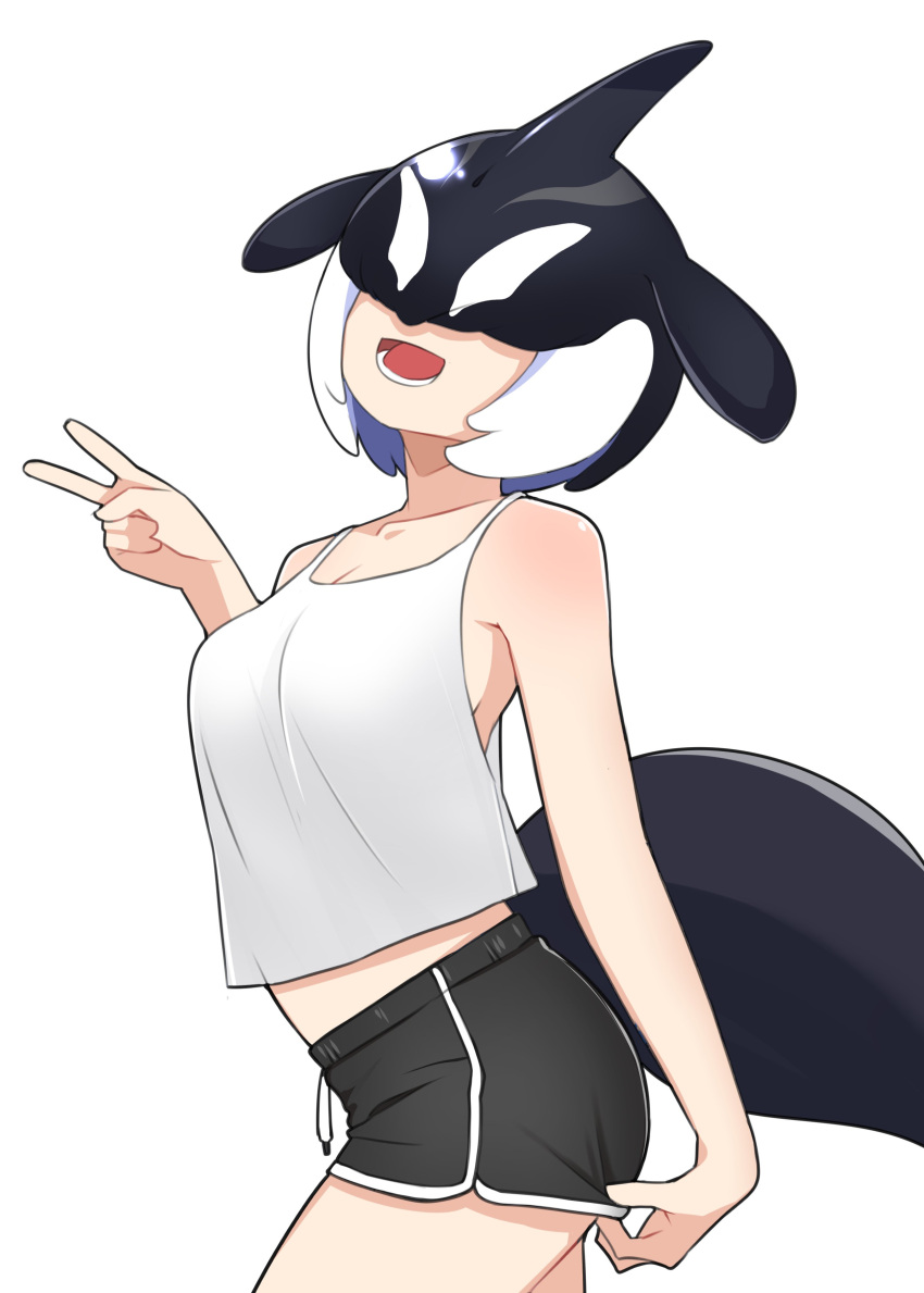 1girl, absurdres, alternate_costume, bare_arms, bare_shoulders, black_hair, black_shorts, blowhole