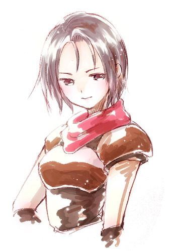 1girl, armor, black_eyes, black_hair, black_shirt, breastplate, fire_emblem, fire_emblem:_thracia_776, kitazawa_eri, looking_at_viewer, lowres, machyua_(fire_emblem), pauldrons, red_scarf, scarf, shirt, short_hair, shoulder_armor, solo