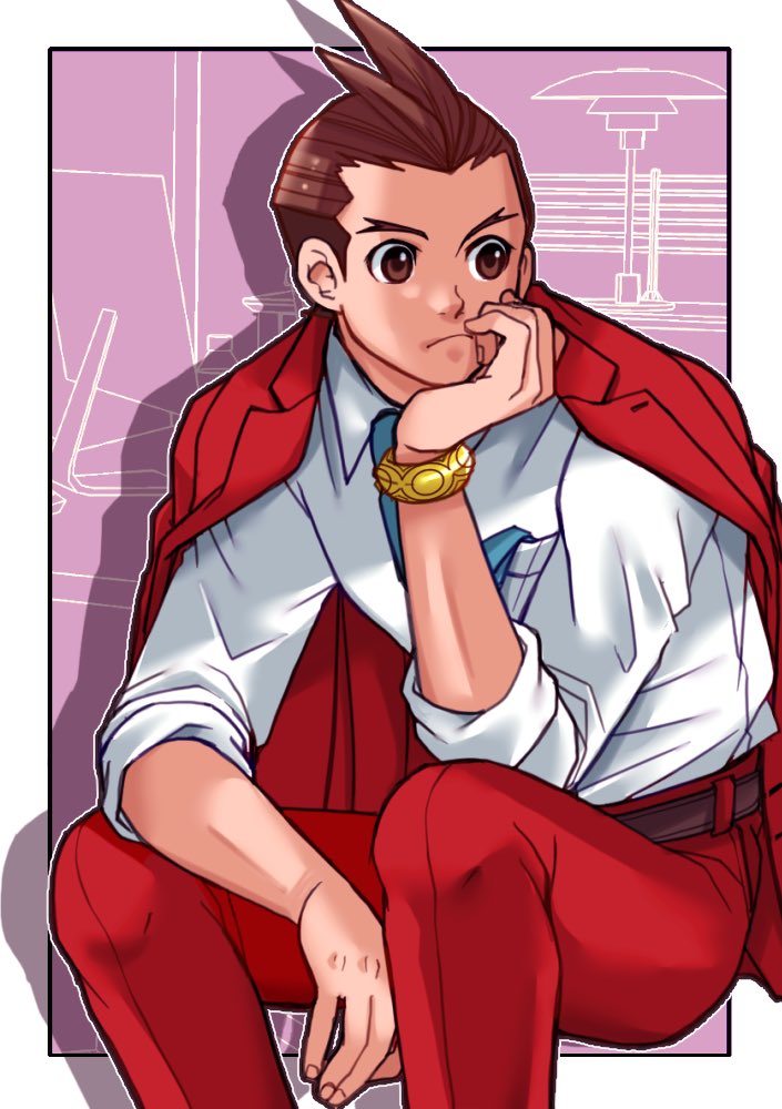 1boy, ace_attorney, antenna_hair, apollo_justice, arm_rest, belt, between_legs, blue_necktie