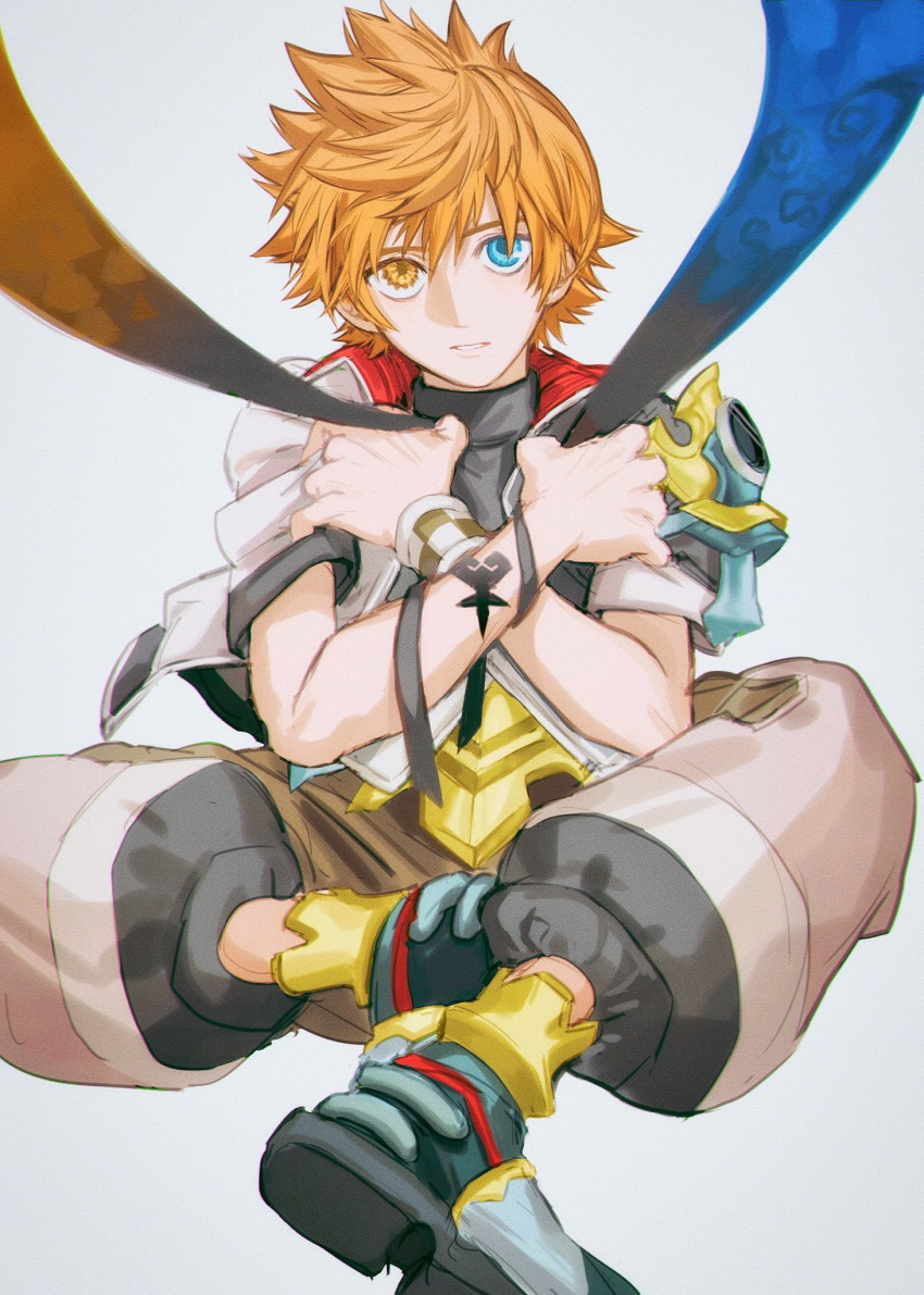 1boy, armor, armored_boots, asymmetrical_armor, asymmetrical_arms, belt, black_shirt, blonde_hair