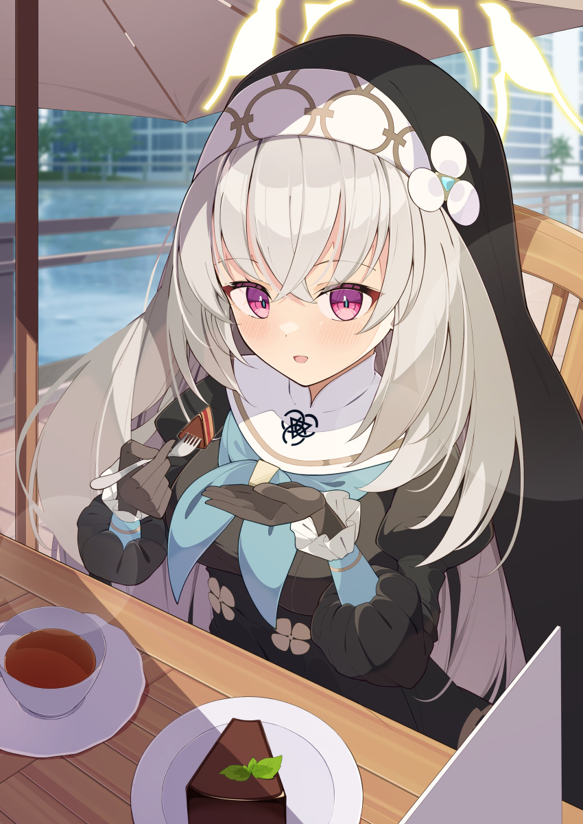 1girl, absurdres, applepie_1201, black_gloves, black_tea, blue_archive, blue_neckerchief, cake