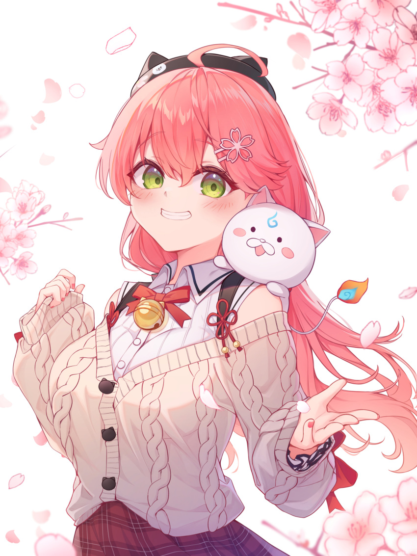 1girl, 35p_(sakura_miko), absurdres, ahoge, animal_hat, beckoning, bell, beret