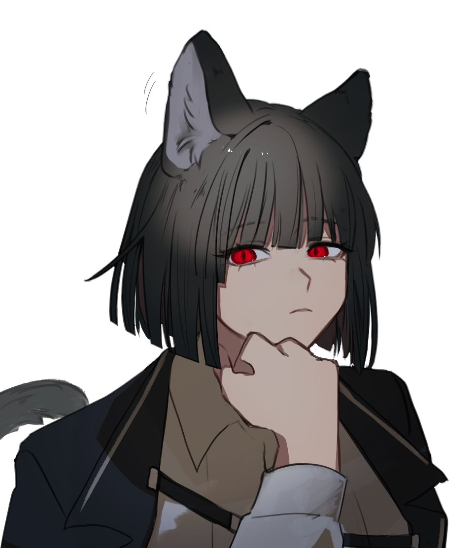 1girl, animal_ears, black_coat, black_hair, bob_cut, cat_ears, cat_girl, cat_tail