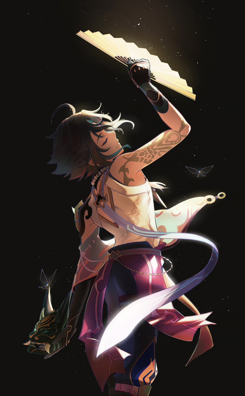 1boy, ahoge, aqua_hair, arm_tattoo, arm_up, armor, baggy_pants, belt, black_background, black_footwear, black_gloves, black_hair, black_mask, blue_pants, boots, bug, butterfly, butterfly_wings, closed_eyes, closed_mouth, crystalfly_(genshin_impact), detached_sleeves, eyeshadow, facial_mark, forehead_mark, genshin_impact, gloves, hand_fan, highres, holding, holding_fan, holding_mask, jewelry, long_sleeves, makeup, male_focus, mask, multicolored_hair, necklace, pants, pearl_necklace, purple_belt, red_eyeshadow, scabin, shirt, short_hair, shoulder_armor, simple_background, single_bare_shoulder, single_detached_sleeve, sleeveless, sleeveless_shirt, smile, solo, standing, tattoo, two-tone_hair, white_shirt, wide_sleeves, wings, xiao_(genshin_impact)