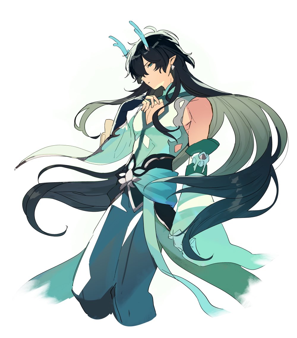 1boy, bare_shoulders, black_gloves, black_hair, blue_pants, closed_mouth, colored_inner_hair, dan_heng_(honkai:_star_rail)