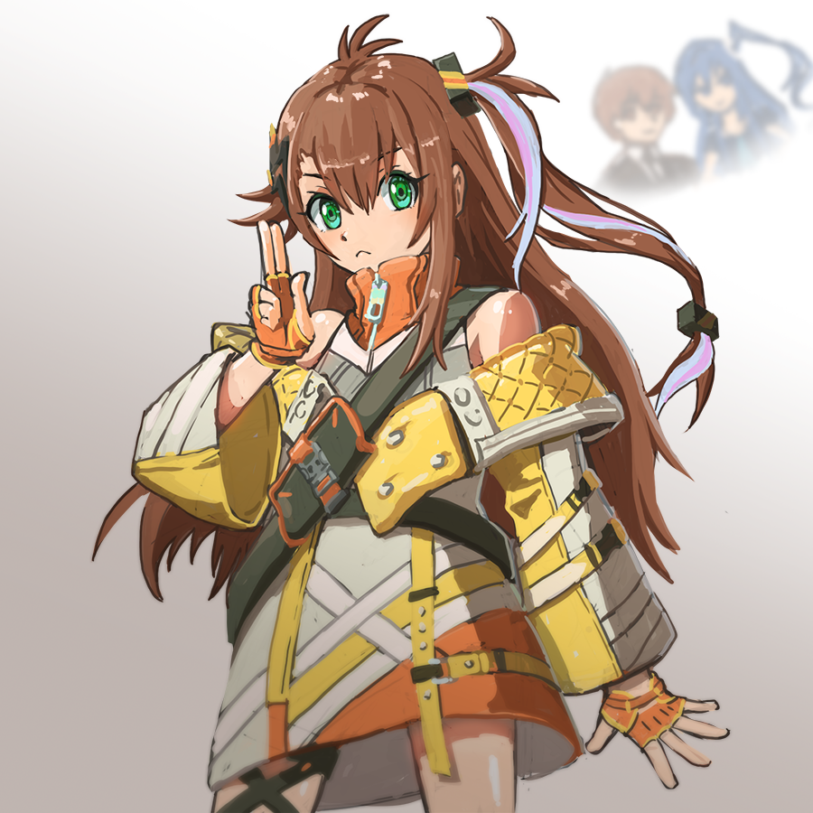 2girls, armed_fantasia, asatsuki_kamo, brown_hair, closed_mouth, coat, cowboy_shot, fingerless_gloves