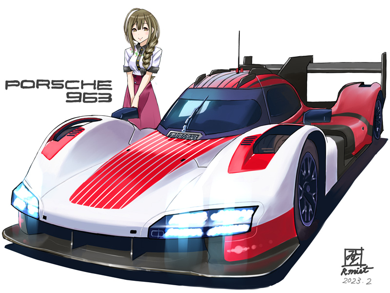 1girl, artist_name, braid, breasts, brown_eyes, brown_hair, car, collared_shirt, commission, dated, glowing, hair_behind_ear, hair_over_shoulder, idolmaster, idolmaster_shiny_colors, kuwayama_chiyuki, le_mans_prototype, long_skirt, looking_at_viewer, medium_breasts, mistrail, motor_vehicle, own_hands_together, pink_skirt, porsche, porsche_963, race_vehicle, racecar, radio_antenna, shirt, shirt_tucked_in, side_braid, simple_background, skeb_commission, skirt, smile, solo, vehicle_focus, vehicle_name, white_background, white_shirt