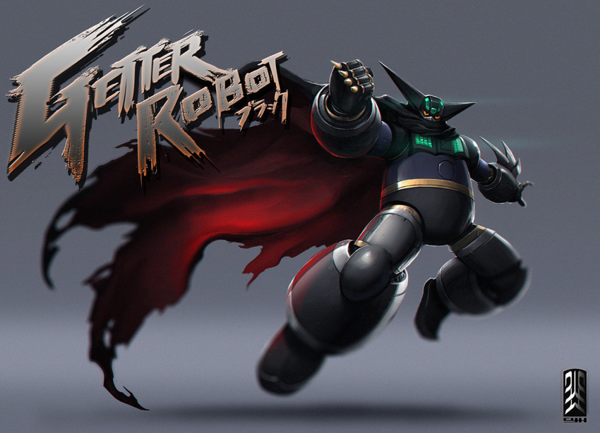 black_getter, cape, cho_yonghee, english_commentary, flying, getter_robo, gradient_background, jumping
