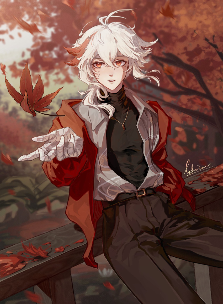 1boy, ahoge, bandaged_arm, bandages, bishounen, black_shirt, genshin_impact, highres