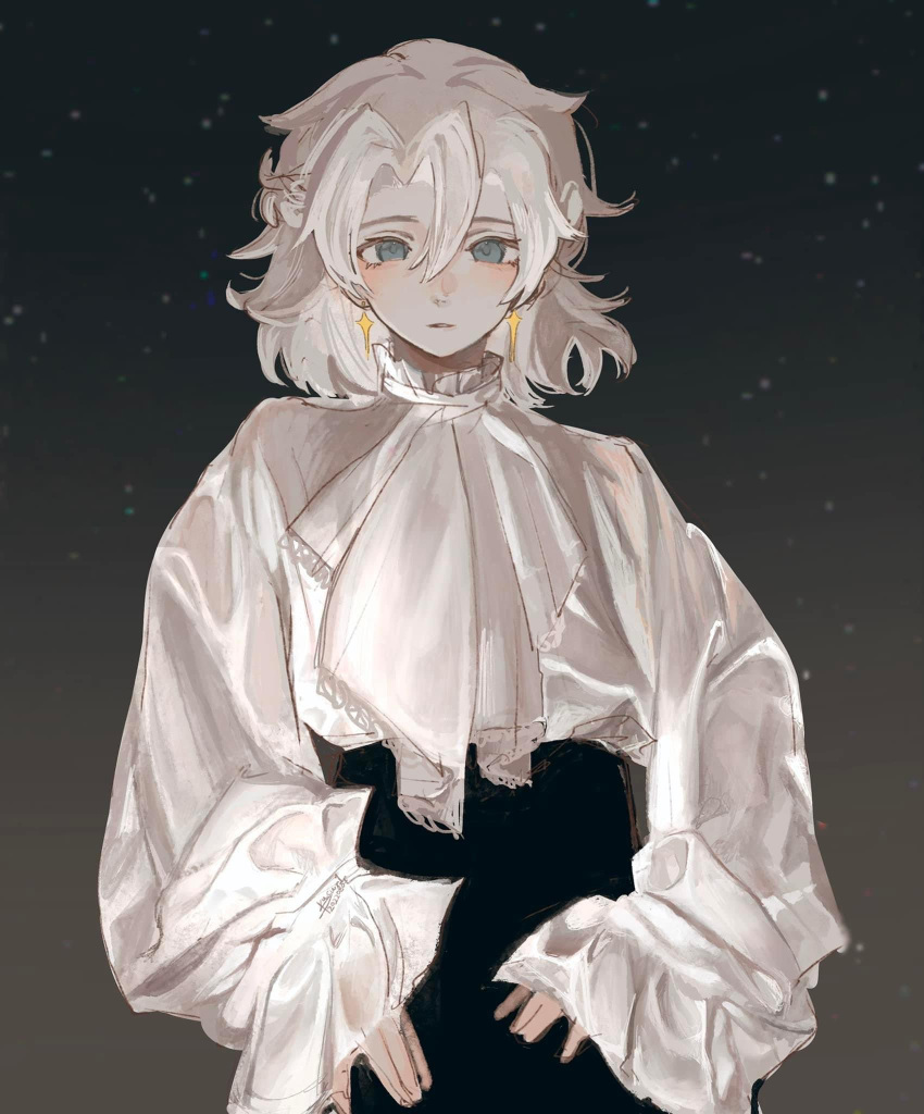 1boy, bishounen, blouse, genshin_impact, green_eyes, grey_hair, highres, kusur1_0901