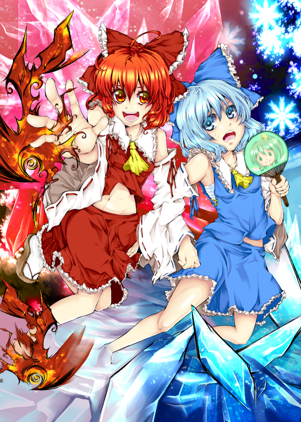 alternate_color, alternate_element, cirno, cosplay, daiyousei, fan, hakurei_reimu, hakurei_reimu_(cosplay)