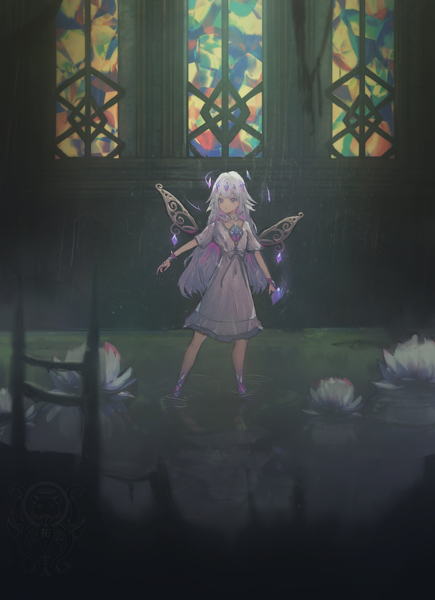 1girl, absurdres, architecture, chair, chest_jewel, commentary, crown, crystal