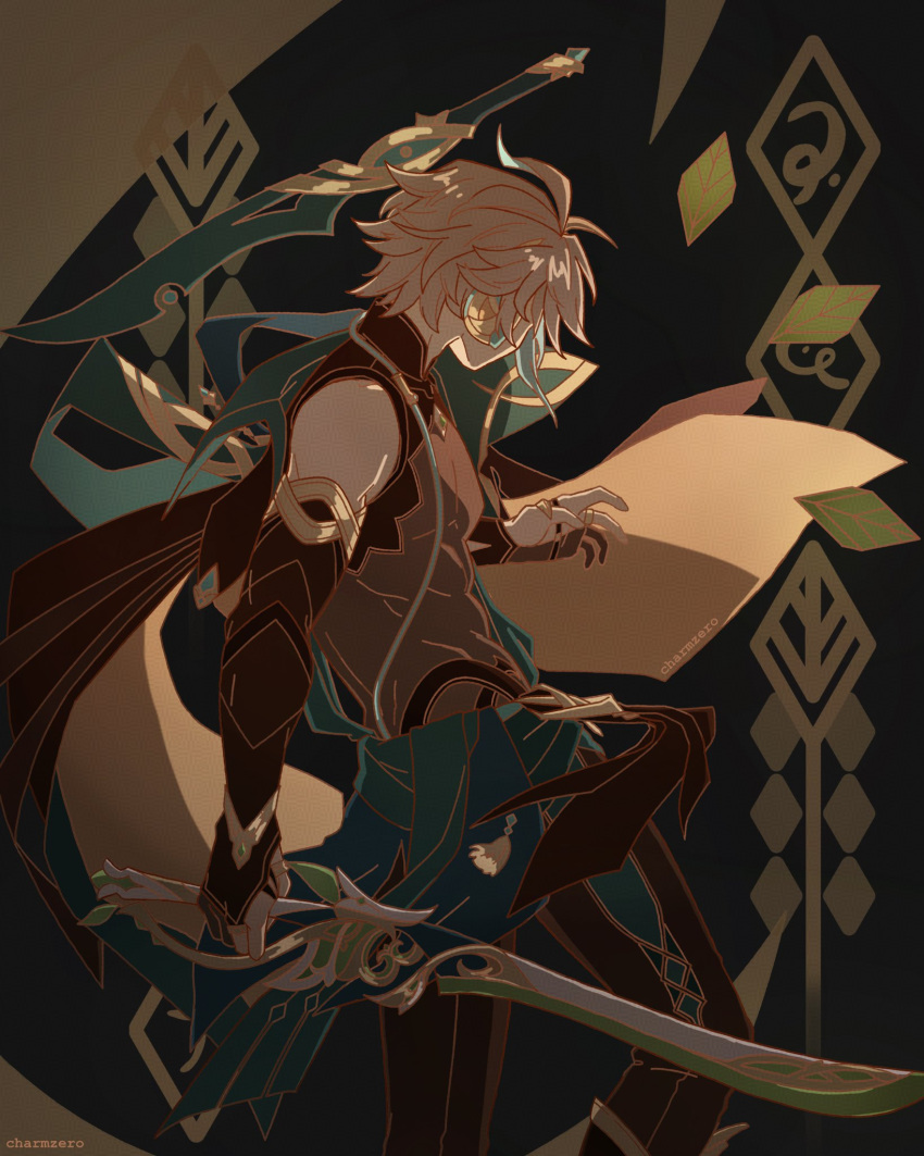 1boy, ahoge, alhaitham_(genshin_impact), charmzero, from_behind, genshin_impact, grey_hair, highres, male_focus, short_hair, simple_background, solo, sword, toned, toned_male, weapon