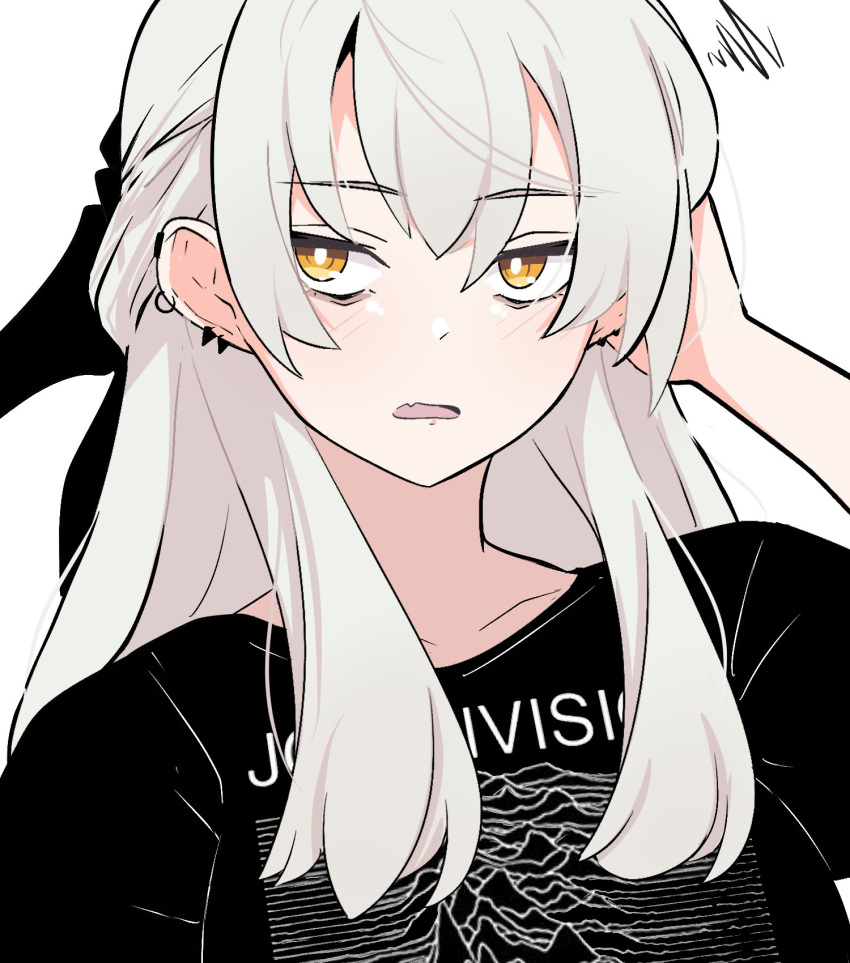 1girl, alternate_costume, annoyed, band_shirt, black_shirt, collarbone, ear_piercing, earrings