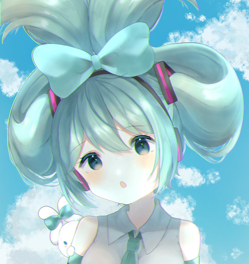 1girl, blue_eyes, blue_hair, blush, bow, cinnamiku, cinnamoroll, collared_shirt