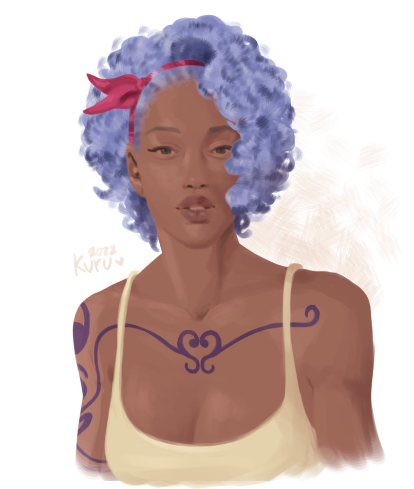 1girl, 2022, arm_tattoo, artist_name, bare_shoulders, blue_hair, chest_tattoo, concept_art, curly_hair, dark-skinned_female, dark_skin, english_commentary, hairband, heart, highres, kurusketch, looking_at_viewer, nojiko, one_piece, one_piece_(live_action), red_hairband, short_hair, simple_background, solo, tattoo