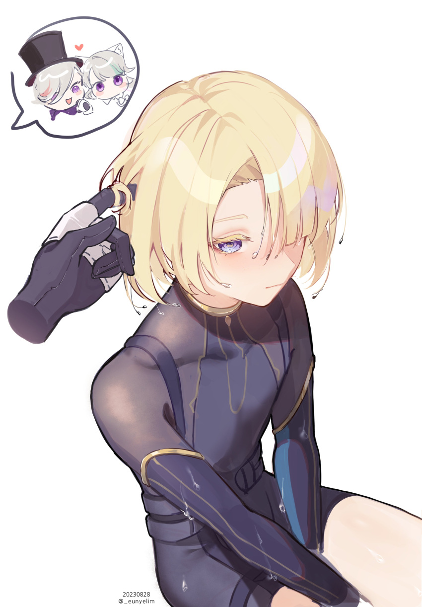 1girl, 2boys, absurdres, black_wetsuit, blonde_hair, blue_eyes, blush, bodysuit