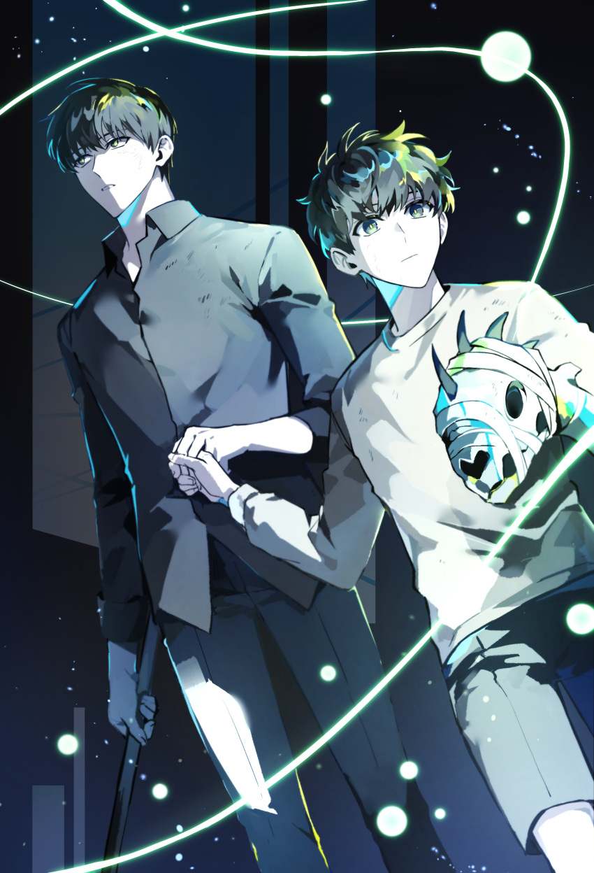 2boys, absurdres, child, closed_mouth, collared_shirt, commentary, duk_xox, green_eyes