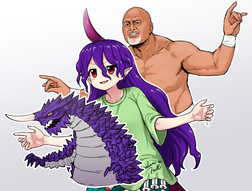 1boy, 1girl, artist_name, gymaira, highres, horns, itou_yuuji, kaijuu