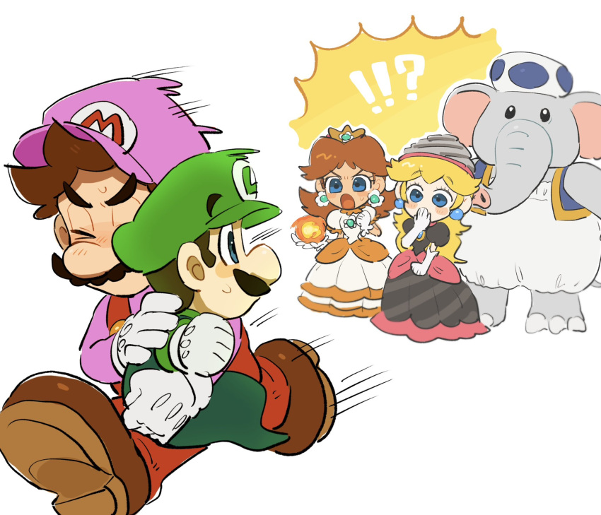 >_<, 2girls, 3boys, ^^^, barefoot, black_dress, blonde_hair, blue_eyes, blue_toad_(mario), blue_vest, blush, blush_stickers, brown_footwear, brown_hair, bubble_mario, closed_eyes, crown, dress, earrings, elephant_blue_toad_(mario), facial_hair, fire_daisy, flower_earrings, frilled_dress, frills, gloves, green_eyes, green_headwear, hat, highres, jewelry, long_hair, long_sleeves, looking_at_another, luigi, mario, mimimi_(mimimim9999), multiple_boys, multiple_girls, mustache, new_super_mario_bros._u_deluxe, open_mouth, overalls, parted_bangs, pink_headwear, princess_daisy, princess_peach, puffy_short_sleeves, puffy_sleeves, red_overalls, shirt, shoes, short_hair, short_sleeves, simple_background, smile, standing, super_mario_bros., super_mario_bros._wonder, sweatdrop, tongue, vest, white_background, white_dress, white_gloves