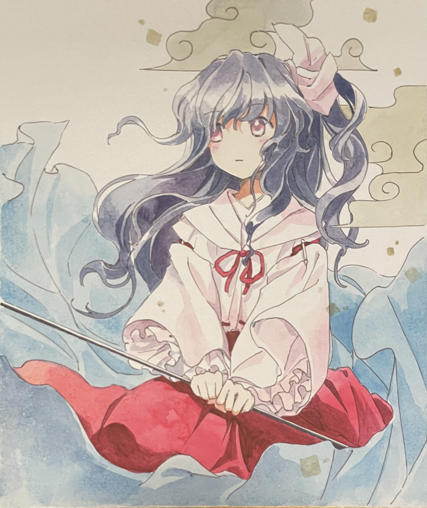 1girl, absurdres, black_hair, closed_mouth, girl_who_trained_on_mt._haku_(touhou), gohei, hair_ornament, highres