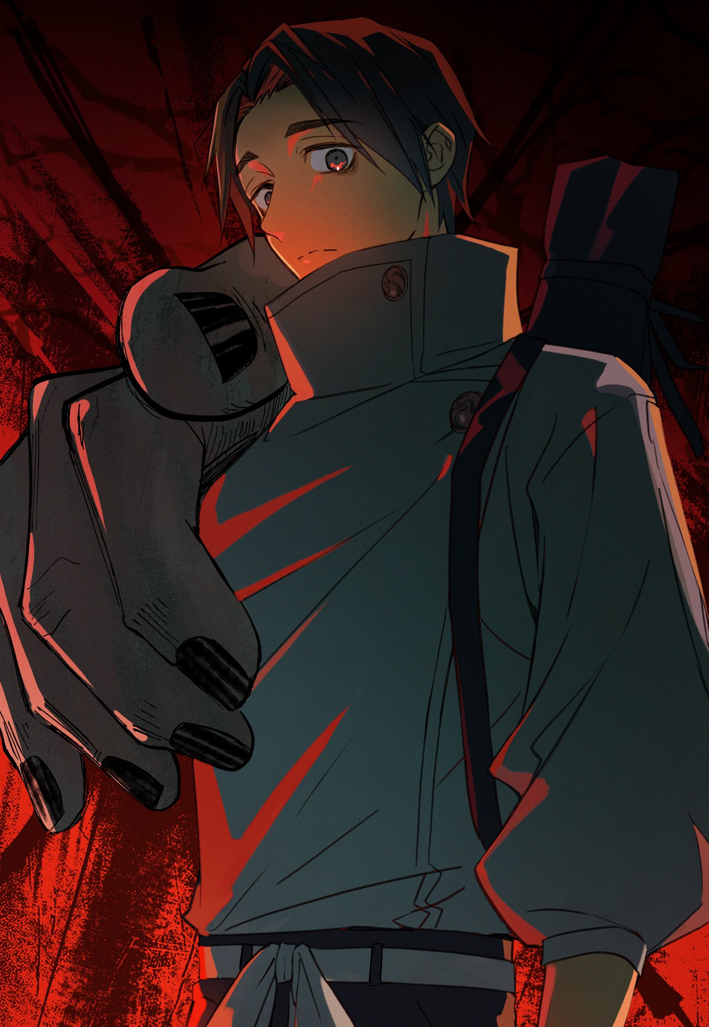 1boy, belt, black_eyes, black_hair, black_nails, black_pants, closed_mouth, commentary_request