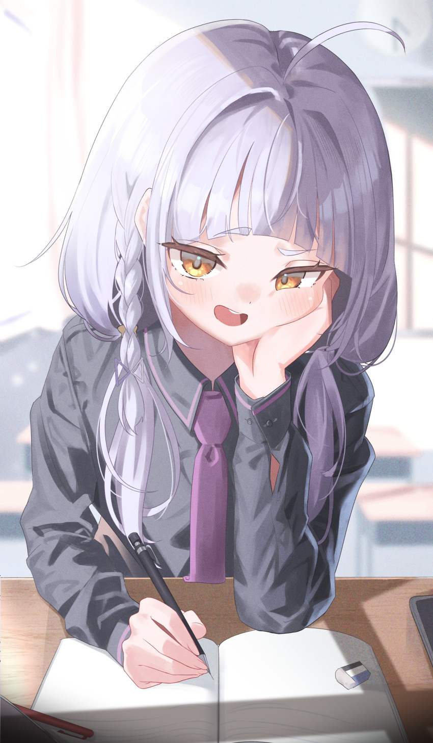 1girl, absurdres, arched_bangs, black_shirt, blush, desk, dress_shirt, elbows_on_table, grey_hair, hand_on_own_chest, head_rest, highres, holding, holding_pencil, hololive, long_hair, long_sleeves, looking_at_viewer, madai_(mappy), mechanical_pencil, murasaki_shion, murasaki_shion_(7th_costume), necktie, official_alternate_costume, open_mouth, pencil, purple_necktie, school_desk, school_uniform, shirt, short_eyebrows, smug, solo, virtual_youtuber, yellow_eyes