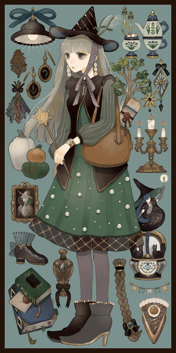1girl, bag, blue_background, book, boots, branch, chin_strap, dress
