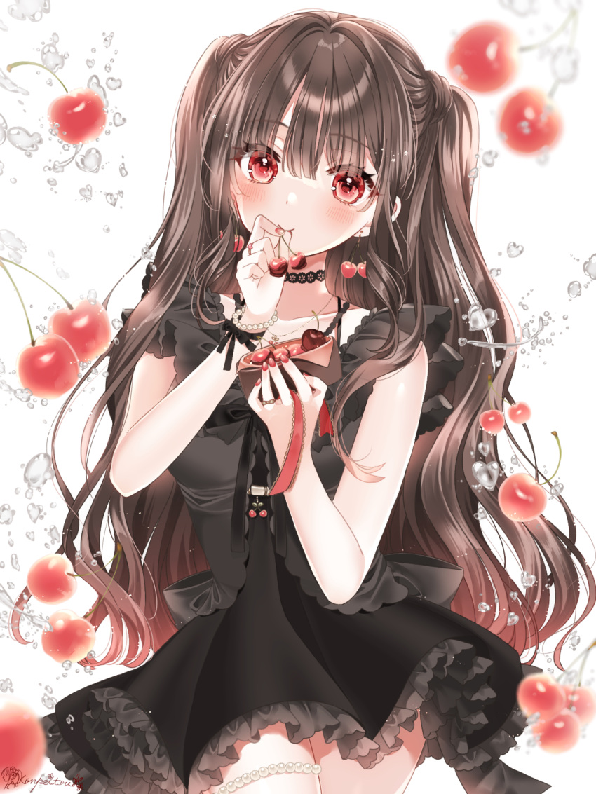 1girl, blush, bracelet, brown_hair, cherry, cherry_earrings, choker, cowboy_shot