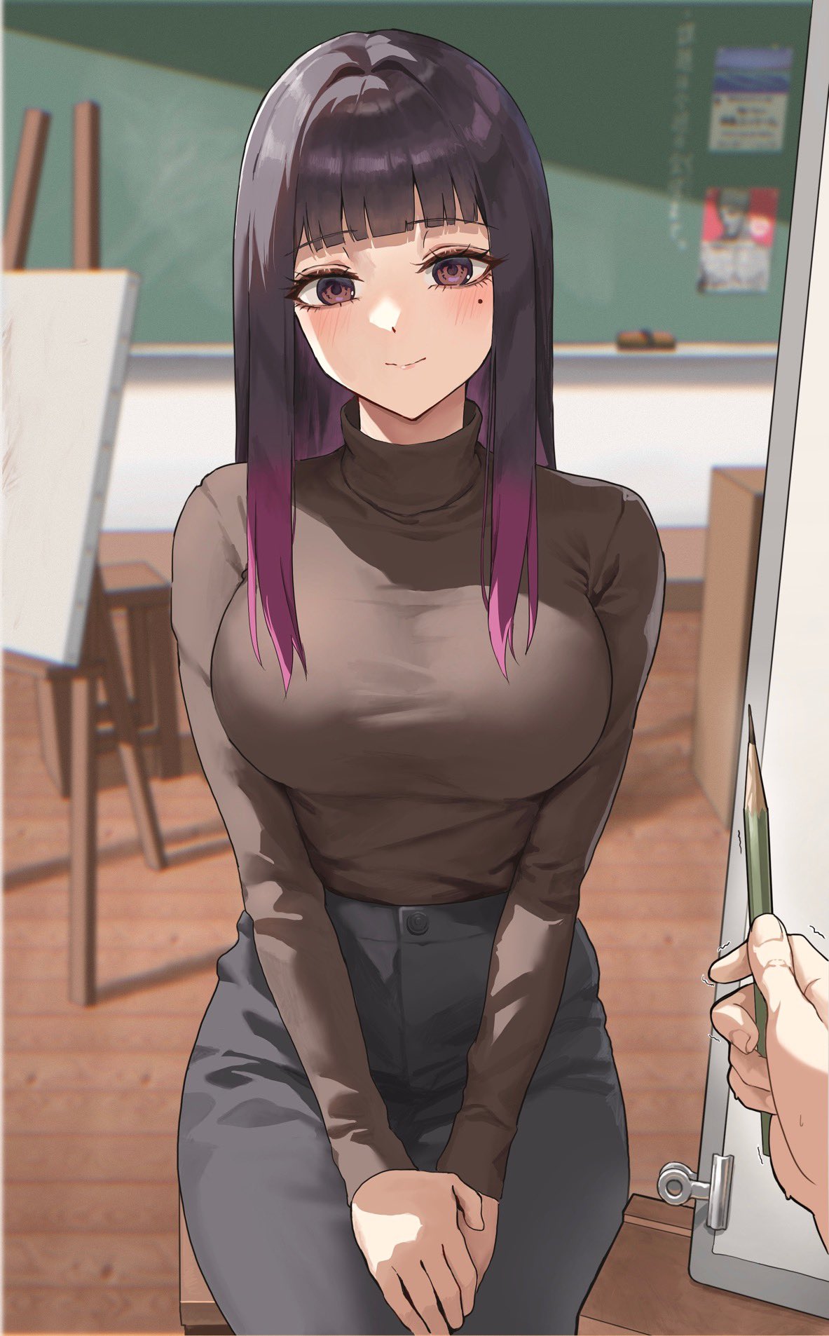 1boy, 1girl, anteiru, black_hair, blue_pants, blurry, blurry_background, blush, breasts, brown_eyes, canvas_(object), chalkboard, classroom, denim, easel, gradient_hair, highres, jeans, large_breasts, long_hair, long_sleeves, looking_at_viewer, mature_female, mole, mole_under_eye, multicolored_hair, original, own_hands_together, pants, pencil, pov, purple_hair, smile, streaked_hair, sweater, teacher_and_student, turtleneck, turtleneck_sweater, wooden_floor