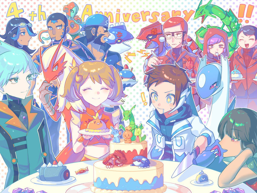 4girls, 6+boys, angry, anniversary, aqua_eyes, aqua_hair, archie_(pokemon), black_hair