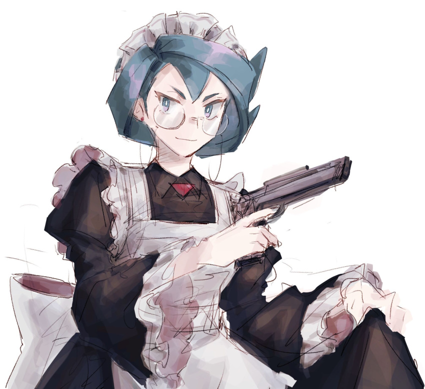 1girl, alternate_costume, blue_eyes, blue_hair, conia_(pokemon), earrings, enmaided, glasses, gun, highres, holding, holding_gun, holding_weapon, jewelry, long_sleeves, looking_at_viewer, maid, maid_headdress, maxwell_yaochu, medium_hair, pokemon, pokemon_(anime), pokemon_horizons, sketch, skirt_hold, solo, stud_earrings, weapon, white_background