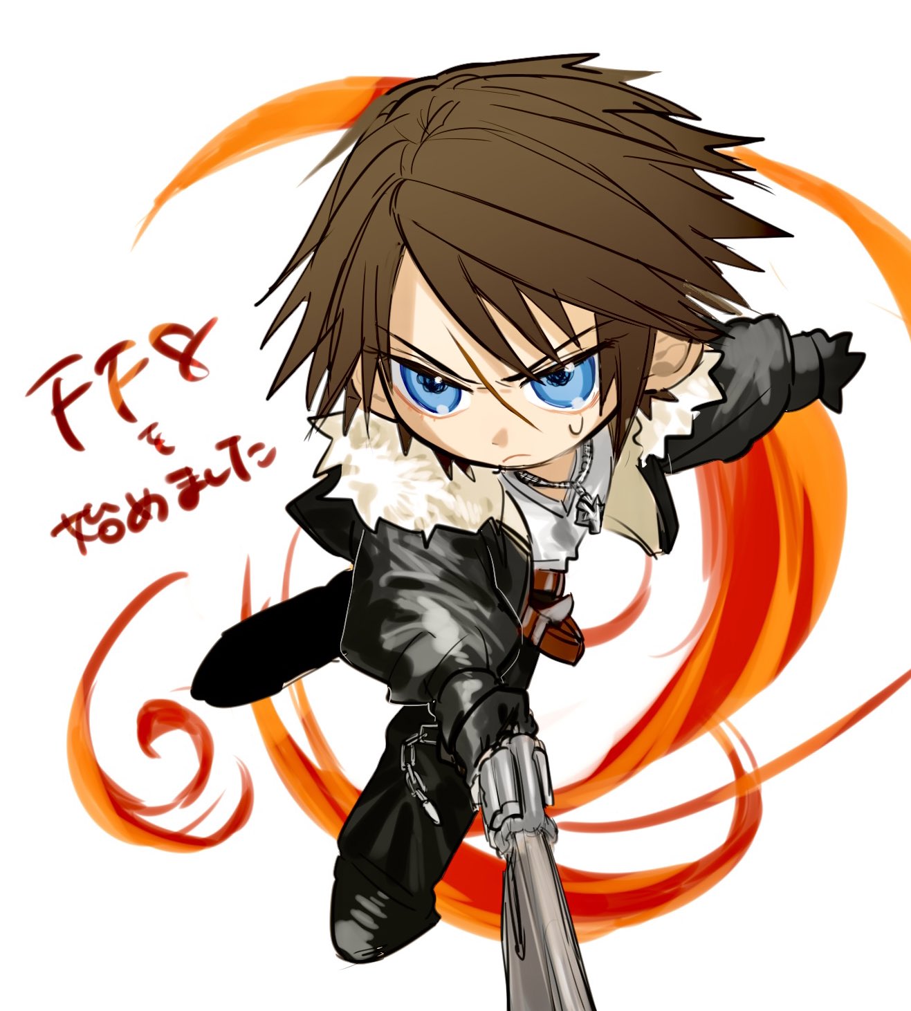 1boy, belt, black_footwear, black_gloves, black_jacket, black_pants, blue_eyes, brown_hair
