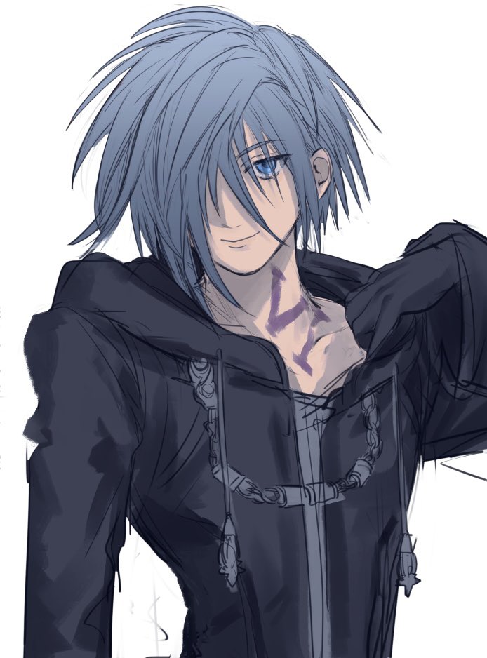 1boy, black_coat, black_coat_(kingdom_hearts), black_gloves, blue_eyes, blue_hair, body_writing, clothes_pull