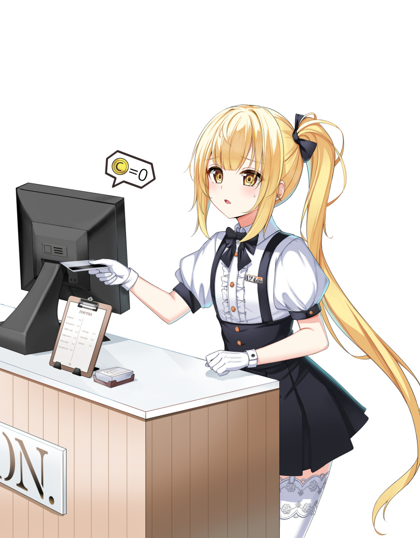 1girl, :o, badge, black_bow, black_bowtie, black_skirt, blonde_hair, blush