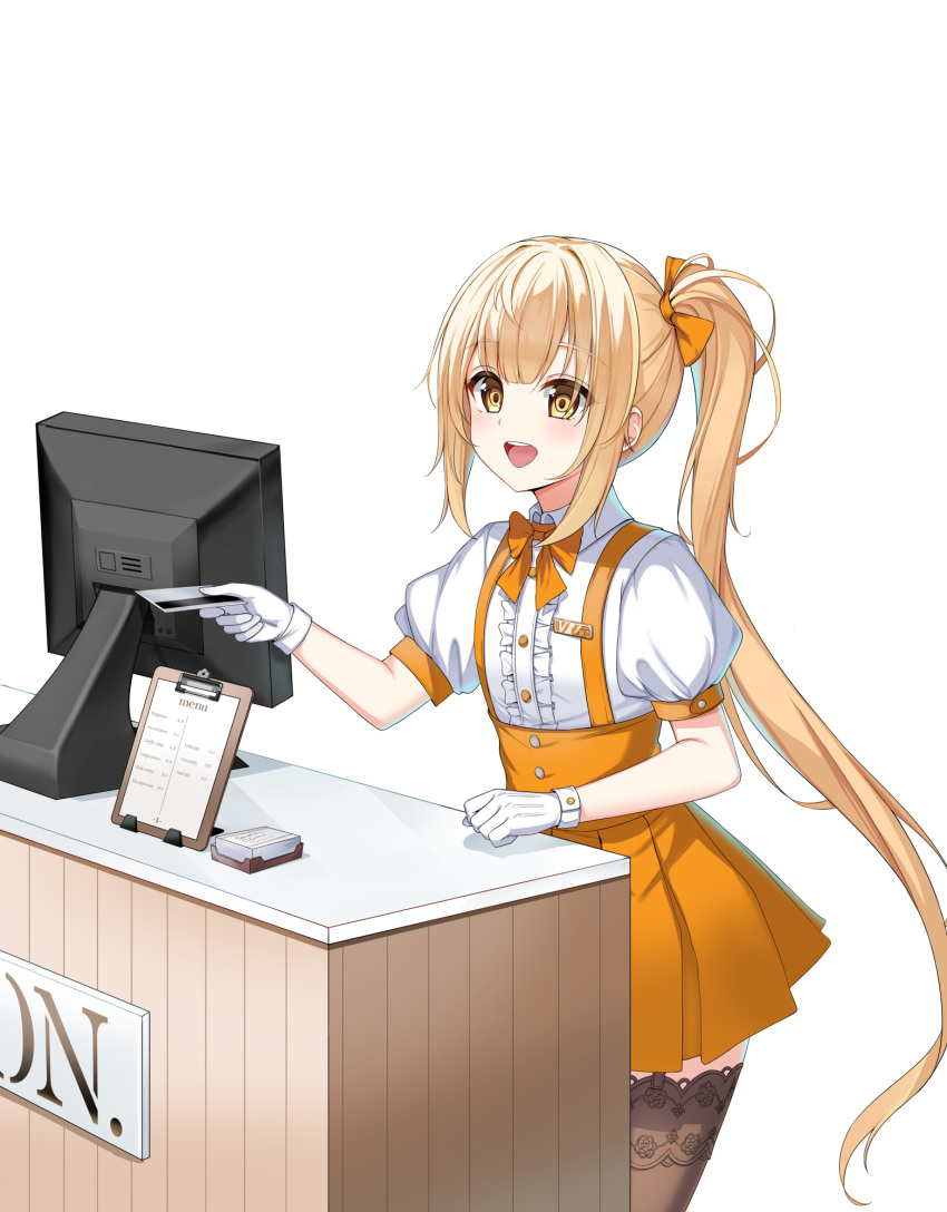 1girl, :d, alternate_hair_color, badge, blush, bow, bowtie, brown_thighhighs